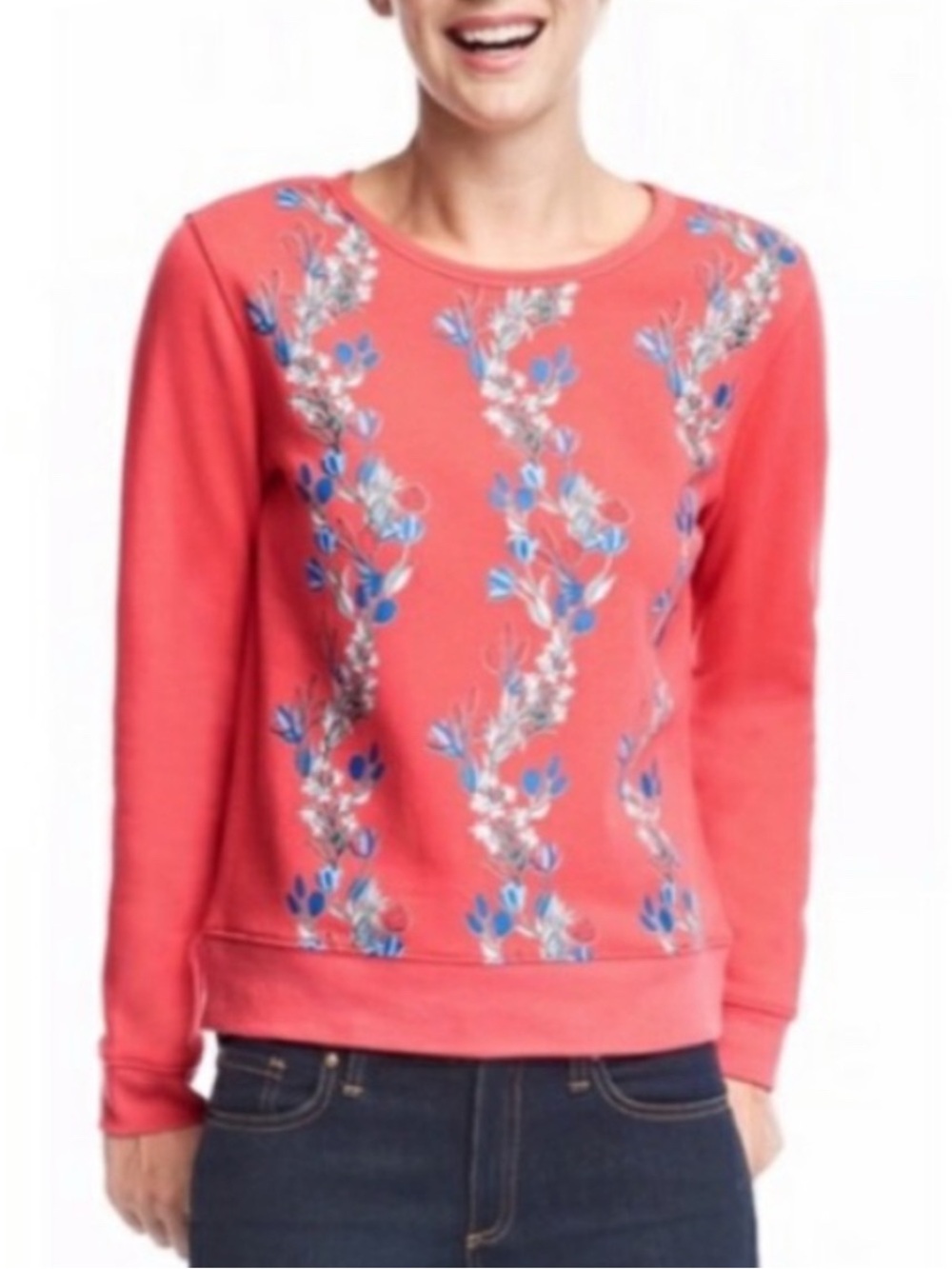Draper James Coral Floral Knit Terry Lined Crewneck Sweatshirt Size Medium